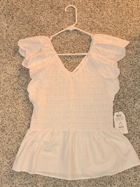 Time and Tru White Eyelet Smocked Peplum Flutter Sleeve Top